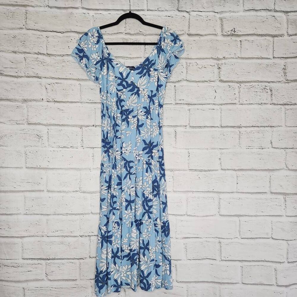 Reyn Spooner Womens Blue White Floral Flutter Sleeve Tiered Midi Dress Small